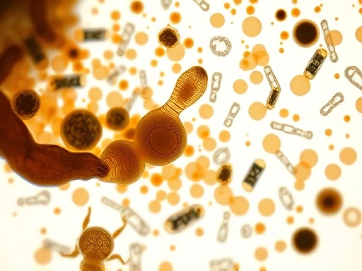 A close-up, microscopic view of insect gut cells and diverse microbiota (bacteria, protozoa) working together to break down complex food particles, highlighting the intricate digestive processes and symbiotic relationships.