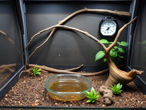 A detailed and clean terrarium designed for insects, featuring appropriate substrate, branches, and a small water dish, with a thermometer and hygrometer clearly visible. Focus on a natural, well-maintained environment.