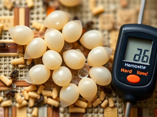 Close-up of insect eggs on a specific substrate, showing delicate moisture droplets, with a miniature digital thermometer and hygrometer nearby, indicating optimal conditions, macro photography.