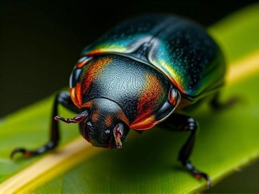 Close-up of a vibrant, healthy beetle with shiny chitin on a natural leaf, illustrating robust insect health and vitality.