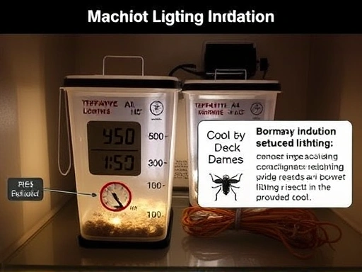 A detailed setup for insect hibernation, showing a temperature-controlled container with reduced lighting, emphasizing cool and dark conditions for insect dormancy induction.