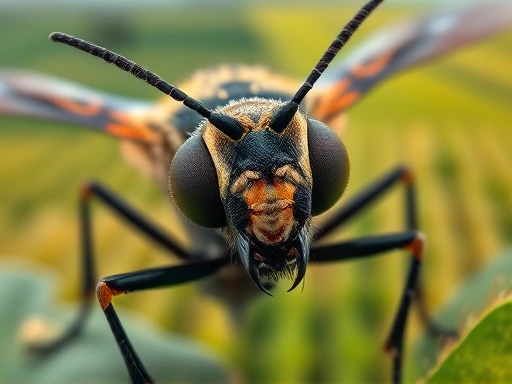 Close-up of a distinct hybrid insect, showcasing unique genetic traits, with a subtle background of agricultural fields and microscopic elements, emphasizing applications in pest control and genetic improvement.
