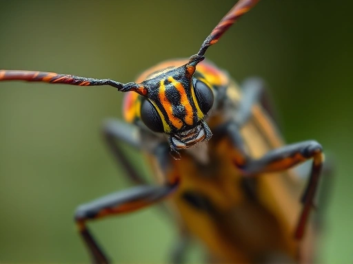 A detailed close-up of a healthy, vibrant insect, possibly a beetle or a moth, with a subtle glow around it, symbolizing strong immunity and vitality. Focus on intricate details of its exoskeleton and antennae, set against a blurred natural background. SEO keywords: insect, immunity, health, vitality.