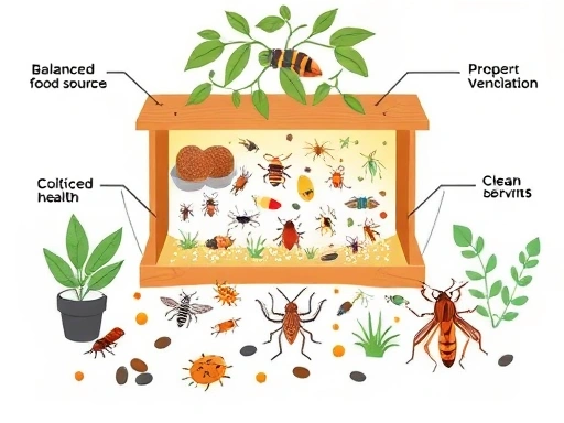 An illustration showing a controlled insect breeding environment with various elements contributing to health: a balanced food source, proper ventilation, and clean conditions. Include diverse insect species thriving. Focus on the ecosystem. SEO keywords: insect breeding, healthy environment, entomology, cultivation.
