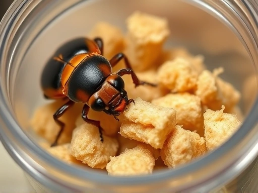 A focused, detailed image showcasing a rhinoceros beetle larva actively consuming fermented sawdust within a transparent container, highlighting the texture of the food and the feeding behavior of the larva, with good lighting to show detail.