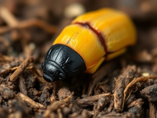 A detailed close-up of a large beetle larva (e.g., stag beetle larva) gently burrowing into a rich, dark fermented sawdust substrate, with a focus on the texture of the sawdust and the healthy appearance of the larva. The background is softly blurred to emphasize the insect and its environment.