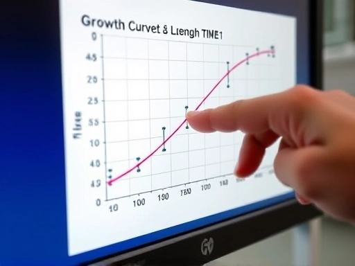 Close-up of a computer screen displaying a growth curve graph for insect larvae, with data points clearly visible, showing the x-axis as time and the y-axis as larval weight/length, accompanied by a hand pointing to a specific data trend, emphasizing data analysis.
