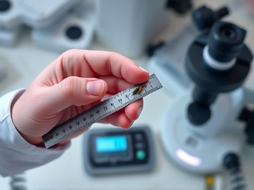 A high-angle shot of a lab setting where a researcher uses a vernier caliper to measure the length of a small insect larva, with digital scales and a microscope in the background, symbolizing precise measurement and data collection for insect larval growth.