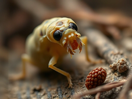 A close-up, detailed shot of an insect larva in the process of molting, shedding its old skin, with a focus on the delicate new cuticle emerging. The scene is within a natural-looking habitat with soft lighting. SEO keywords: insect, larva, molting, ecdysis, cuticle.