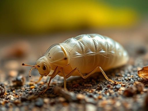 A macro shot of a shed insect exuvia, the transparent old skin, lying on a substrate, with a blurred background suggesting the natural habitat. The image emphasizes the intricate details of the exuvia. SEO keywords: exuvia, shed skin, insect, larva, detailed.