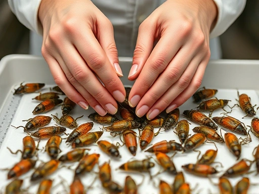 A pair of gentle hands carefully managing a tray of healthy insect larvae, emphasizing meticulous care and attention to detail in a clean and well-lit setting. Focus on the interaction and the health of the larvae.