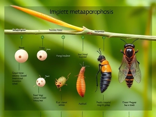 A detailed, clear diagram illustrating the complete metamorphosis of an insect, showing egg, larva, pupa, and adult stages, with clean, scientific labels, set against a natural, green background.