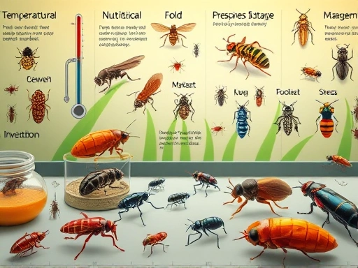 A detailed scientific illustration of various insects in a controlled laboratory environment, with elements representing temperature control, nutritional analysis, and stress management, highlighting insect lifespan extension research.