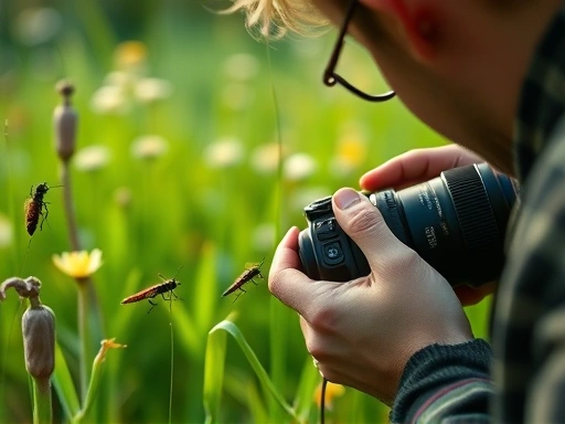A detailed scene of a person discreetly observing insects mating in a lush green meadow, holding a camera with a macro lens, with soft natural light, conveying a sense of patience and respect for nature, focusing on insect mating behavior and observation.