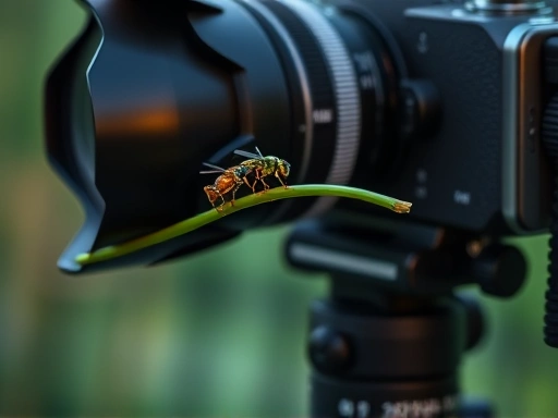 Close-up of a high-quality camera setup with a macro lens and a tripod, positioned to record tiny insects engaged in mating behavior on a plant stem, emphasizing clear focus, stability, and subtle lighting for video recording.