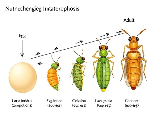 A detailed scientific illustration of various insect metamorphosis stages (egg, larva, pupa, adult), with arrows indicating nutrient flow and change in body composition. The image should be clear and show biological accuracy, highlighting the transformation and the concept of changing nutritional needs.