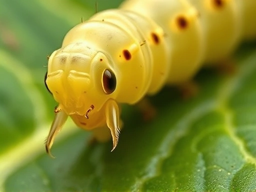A close-up image showing a highly detailed larva of an insect (e.g., silkworm caterpillar) actively feeding on a leaf, with visible mandibles and an emphasis on its high consumption, representing the intense nutritional demands of the larval stage for growth and energy accumulation.