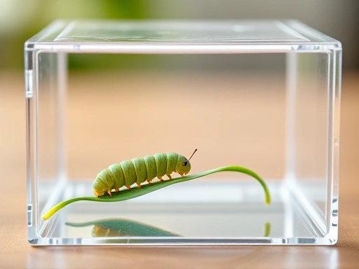 A detailed, clean shot of a clear insect rearing box with a small, green caterpillar eating a leaf, natural light, scientific illustration style, focus on observation, educational context.
