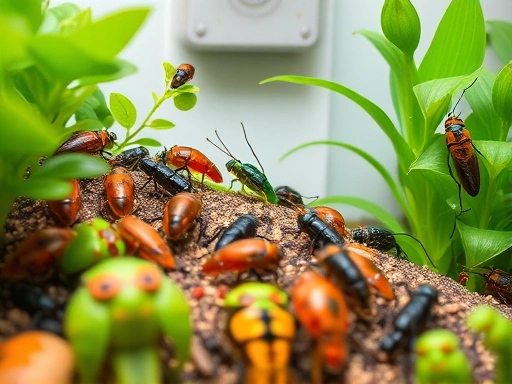 Close-up of a diverse group of healthy insects thriving in a meticulously managed and clean terrarium, symbolizing successful insect farming and health. Lush green plants and proper ventilation are visible, representing optimal environmental conditions.