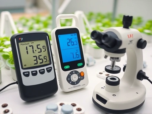 A detailed shot of various scientific tools for environmental monitoring in an insect breeding facility, including a digital thermometer, hygrometer, and a small microscope, with a focus on their precise readings and clean, sterile surfaces.
