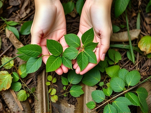 A close-up view of hands carefully collecting various green leaves and small twigs from a pristine forest floor, suitable for insect food, emphasizing natural habitat and careful selection with SEO keywords: natural insect food, forest foraging, safe plant collection.