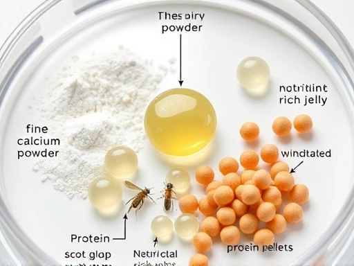 A detailed close-up shot of various insect food supplements like fine calcium powder, nutrient-rich jelly, and protein pellets, arranged on a petri dish or a tiny scale, illustrating precise methods for insect nutrient supplementation.