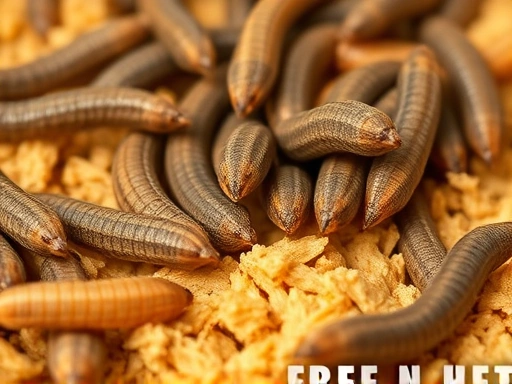 Close-up view of mealworms or black soldier fly larvae actively feeding on optimized substrate in a controlled environment, highlighting their rapid growth and health, with visible signs of a balanced diet and ideal conditions.