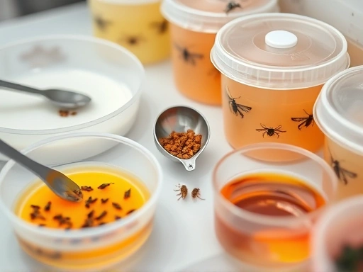 A close-up shot of various insect feeding tools and prevention methods, including clean feeding dishes, a small scoop for removing uneaten food, and well-organized insect jelly containers in a sterile environment. The focus is on precision and hygiene.