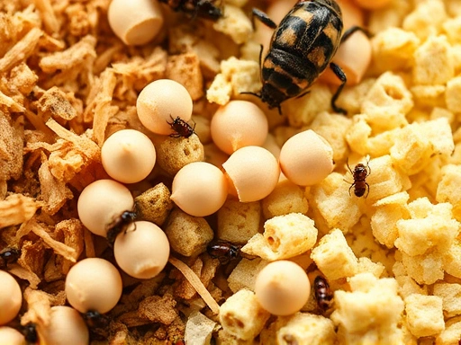 Close-up of different insect eggs laid on various substrates, highlighting the texture of peat moss, wood fibers, and artificial vermiculite, with tiny insects present.