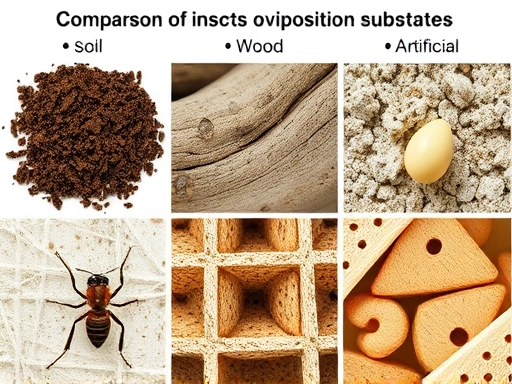 A detailed comparison of various insect oviposition substrates, showing different textures like soil, wood, and artificial materials in a laboratory setting, with an insect laying eggs.