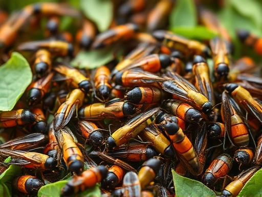 A vibrant ecosystem with various insects interacting, some crowded, some spaced out, illustrating the concept of population density in a natural setting. Focus on a balanced view with a sense of scientific observation.