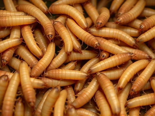 Close-up of a group of insects (e.g., mealworms or crickets) in a confined space, showing noticeable differences in size or development, illustrating the impact of high population density on individual growth.