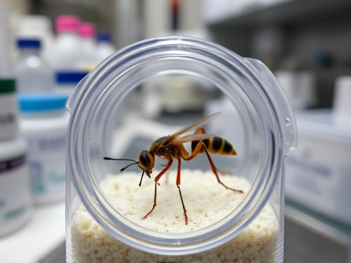 Close-up of a transparent insect quarantine container with a healthy insect inside, emphasizing air circulation vents and clean substrate, with a blurred background of lab equipment, focusing on individual insect health.