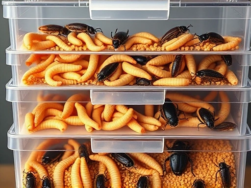 A diverse group of insects, including mealworms, crickets, and beetles, within a neatly organized, multi-tiered clear plastic enclosure, symbolizing varying rearing difficulties and successful insect husbandry, soft studio lighting. Focus on cleanliness and proper environment.