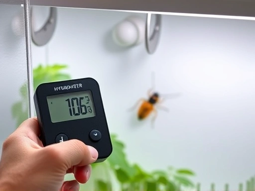 A detailed and realistic image of a person checking a digital hygrometer inside an insect enclosure, showing a healthy insect thriving in a controlled environment, with a clear focus on the measurement device and insect. Clean, well-lit, and informative scene.
