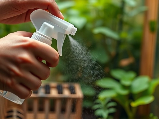 A close-up shot of hands carefully misting an insect enclosure with a spray bottle, focusing on the fine water droplets and the damp substrate, illustrating precise humidity control for insect well-being. Lush, natural colors, and careful action.