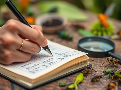 A close-up shot of a meticulous hand recording insect rearing data in a notebook, with a magnifying glass nearby and various insect habitats in the blurred background. The scene is detailed and conveys a sense of diligent scientific observation of insects.