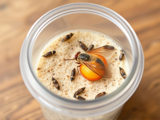 A detailed shot of a DIY insect rearing container, showing a moist substrate, a small piece of fruit, and a clear lid, ideal for educational moth fly observation.