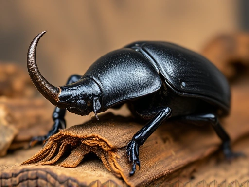Close-up view of a healthy rhinoceros beetle (장수풍뎅이) adult resting on a piece of decaying wood or substrate in a clean, moist, and well-ventilated terrarium, with a focus on its distinctive horn and shiny exoskeleton, illustrating medium-difficulty insect care requirements.
