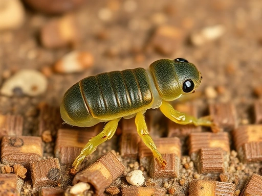 Close-up of a healthy beetle larva on a substrate, with clear signs of proper care and growth, contrasting with a subtle visual cue of previous struggle or recovery, showing resilience.