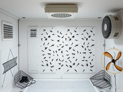 A clean, well-ventilated insect rearing enclosure with multiple air vents and a small, quiet fan, showcasing healthy insects in a controlled environment. Focus on fresh air flow and subtle equipment.