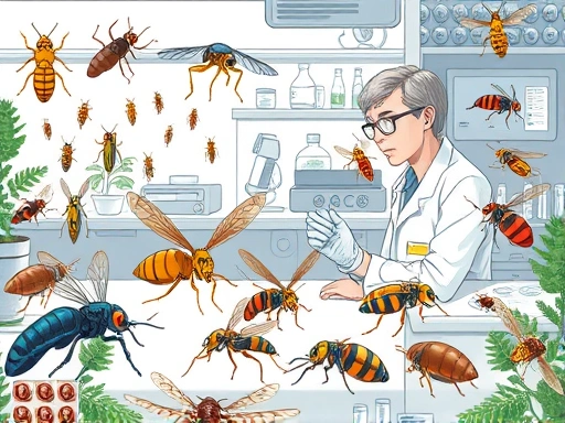 A detailed illustration of various insects in a controlled laboratory environment, focusing on their reproductive behavior and a scientist observing them, with elements representing environmental control and genetic research.