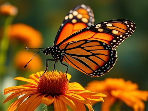 Close-up of a monarch butterfly feeding on nectar from autumn flowers, with warm, golden sunlight illuminating its wings, symbolizing seasonal diet adaptation. Focus on details of feeding behavior in a natural setting.