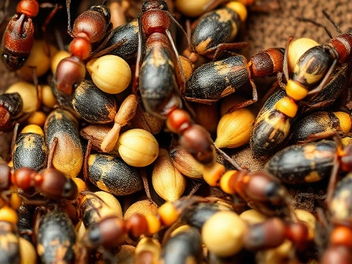 Detailed view of an ant colony preparing for winter, with ants carrying seeds and other food items into their nest, showcasing behavioral adaptation and nutrient storage. The scene should convey a sense of purposeful activity and preparation.