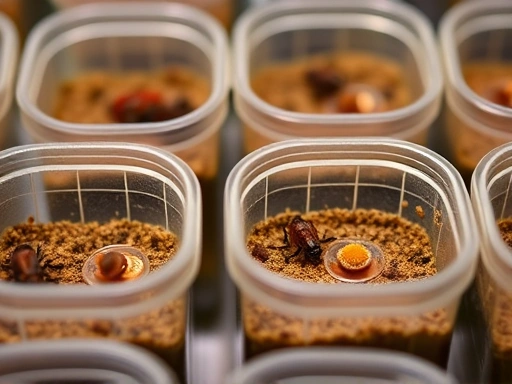A detailed shot of small, individual insect containers or terrariums, each with a single insect and appropriate substrate and a tiny food source, emphasizing isolation and care. Keywords: individual insect rearing, bug habitat, separate containers.