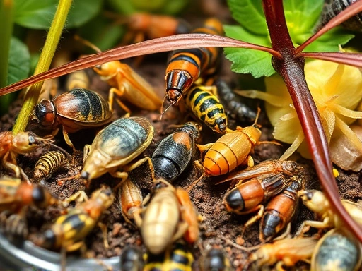 A diverse group of insects, some showing subtle signs of stress like lethargy or hiding, observed within a natural-looking terrarium, illustrating insect stress signals with a focus on behavior, wide shot, natural lighting.