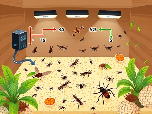 A detailed, illustrative image showcasing an optimal insect breeding environment with controlled temperature and humidity, natural substrate, and healthy insects. Focus on scientific yet visually appealing elements, suitable for a blog header.
