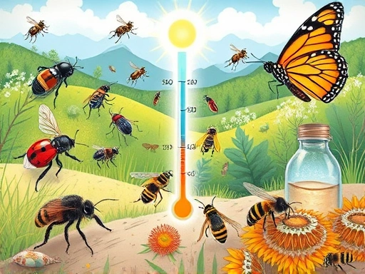 An illustration of various insects adapting to extreme temperatures in a diverse natural environment, showing different behaviors and physiological responses, with scientific accuracy, featuring beetles, butterflies, and bees.