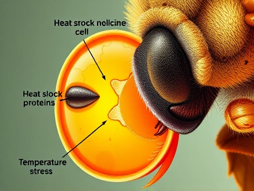A detailed close-up of a scientific illustration showing a cross-section of an insect cell, highlighting molecular components like heat shock proteins, or a microscopic view of an insect cuticle under temperature stress.