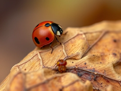 A macro shot of a ladybug on a dried leaf during autumn, symbolizing insect adaptation to scarce resources and preparation for winter dormancy with a muted, cool color palette.